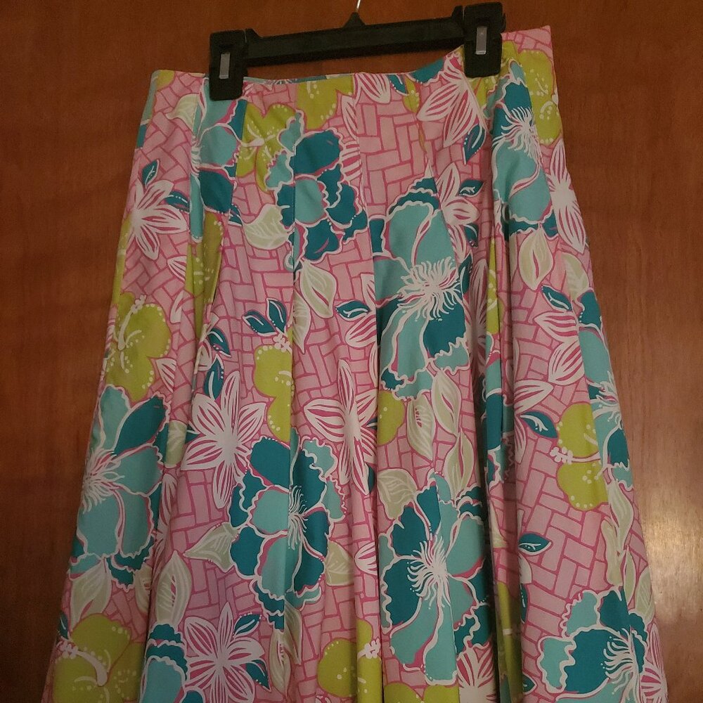 Vintage Lilly Pulitzer Blue Pink Floral A-Line Eyelet‎ Hem Pleated Skirt Size 2